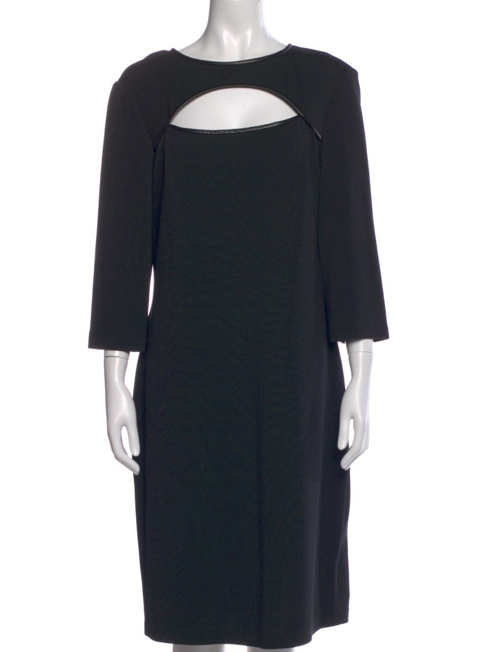 St. John Black Wool Blend Cutout Sheath with Leather Trim Shift  Dress – Size 12 - Picture 7 of 13
